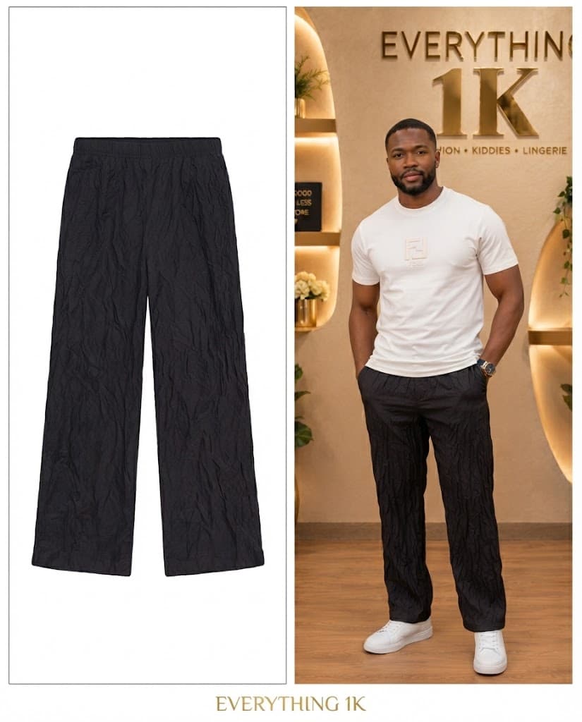 Black Crushed Texture Men’s Wide-Leg Trousers