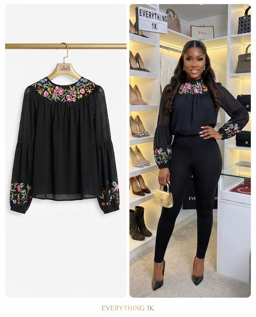 Casual Black Floral Embroidered Mesh Sleeve Blouse