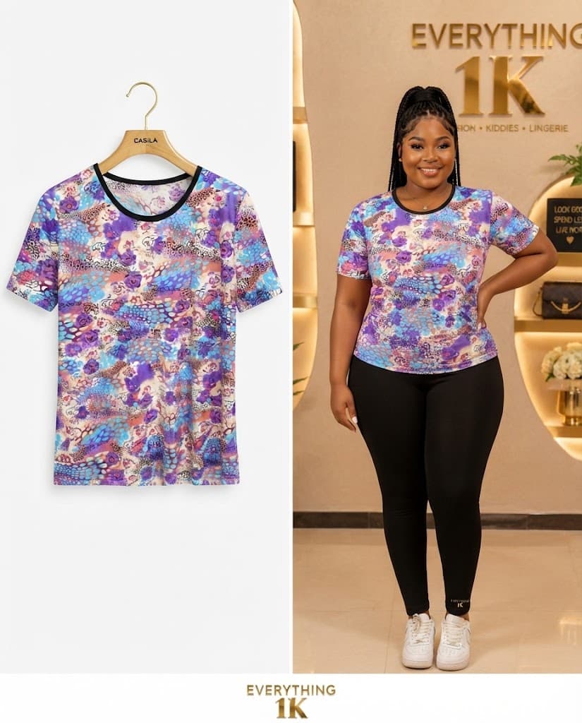 Purple Abstract Print Short-Sleeve Basic Top