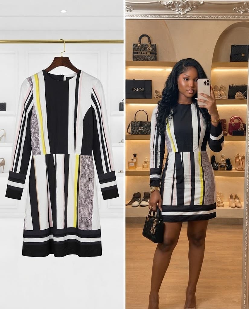 Black and White Abstract Stripe Long-Sleeve Mini Dress