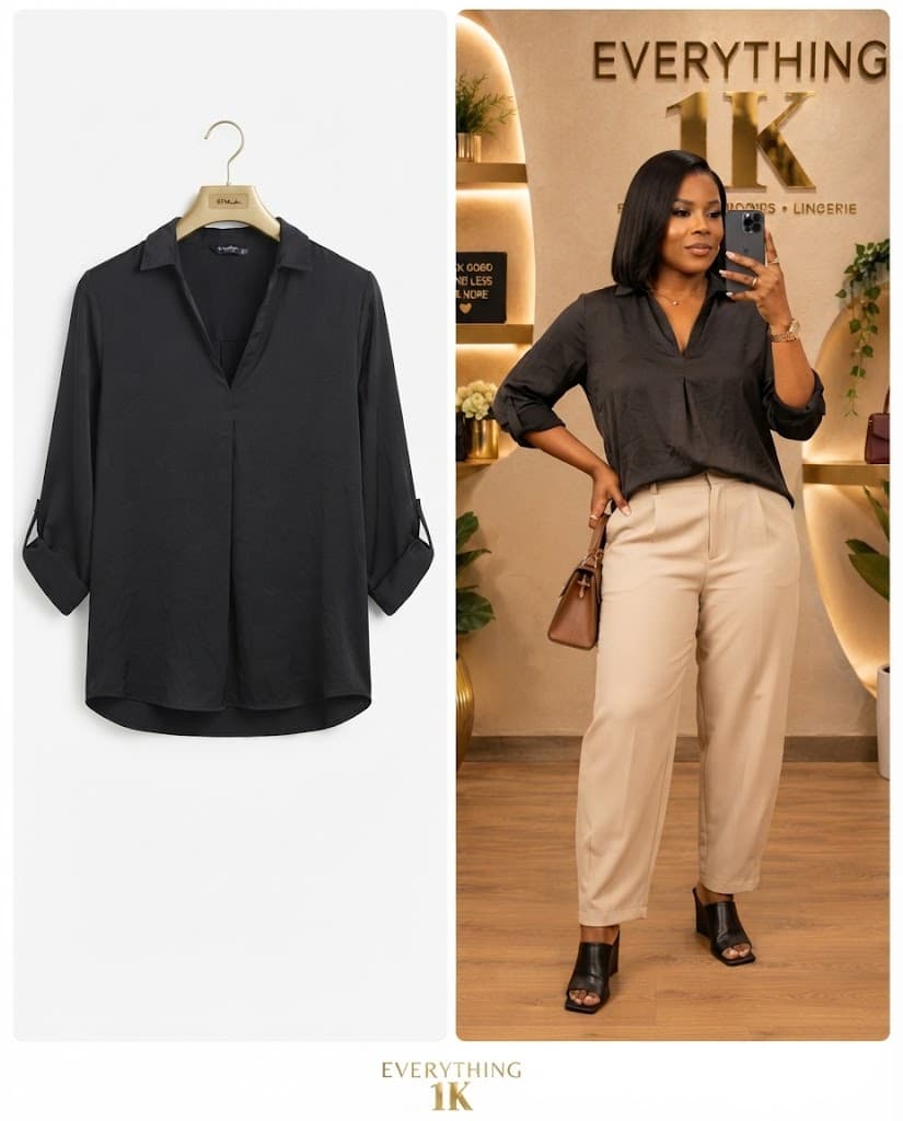 Casual Black V-Neck Roll-Up Sleeve Blouse