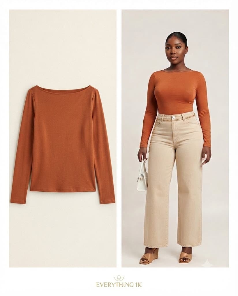 Ladies Brown Long-Sleeve Basic Body Top:
