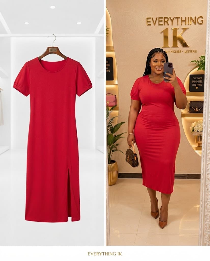 Red Party Short-Sleeve Midi Dress with Leg Split