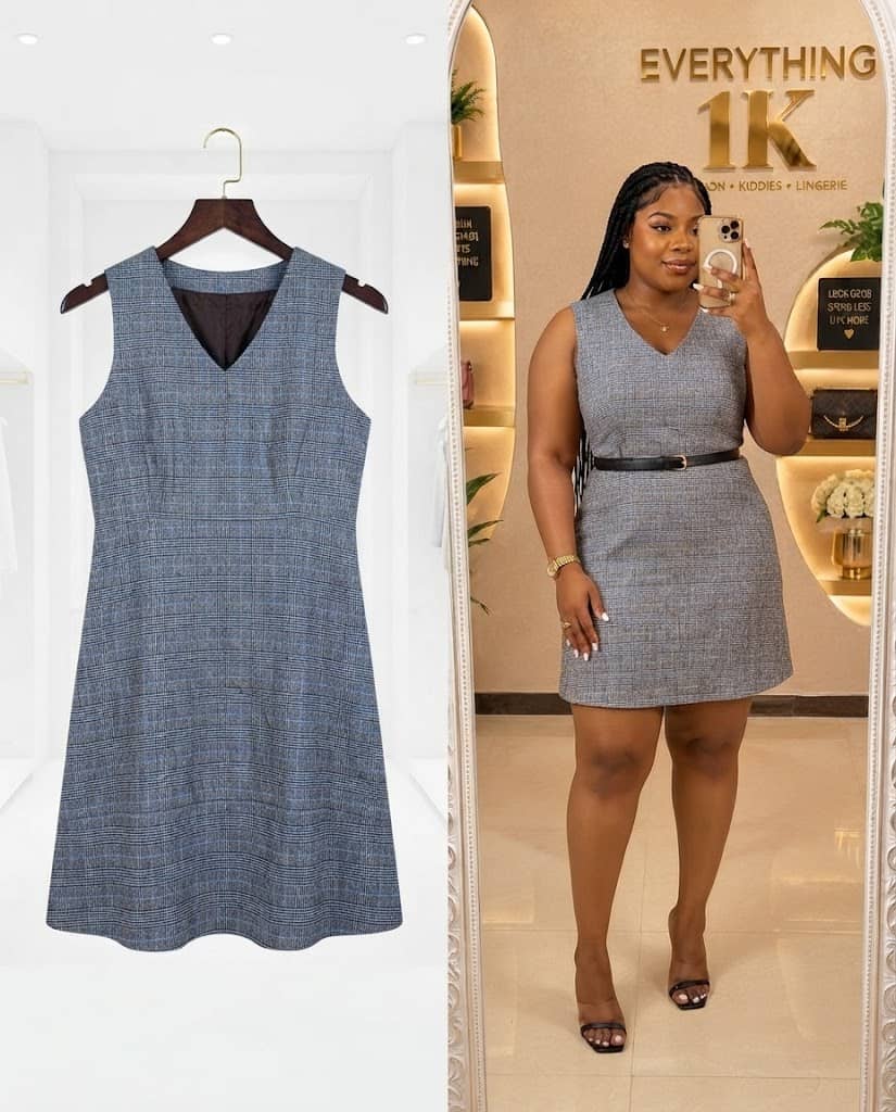 Blue Plaid V-Neck Sleeveless Mini Dress