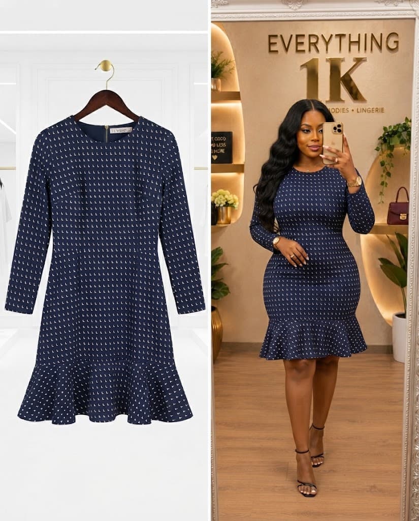 Navy Blue Micro-Print Ruffle Hem Midi Dress