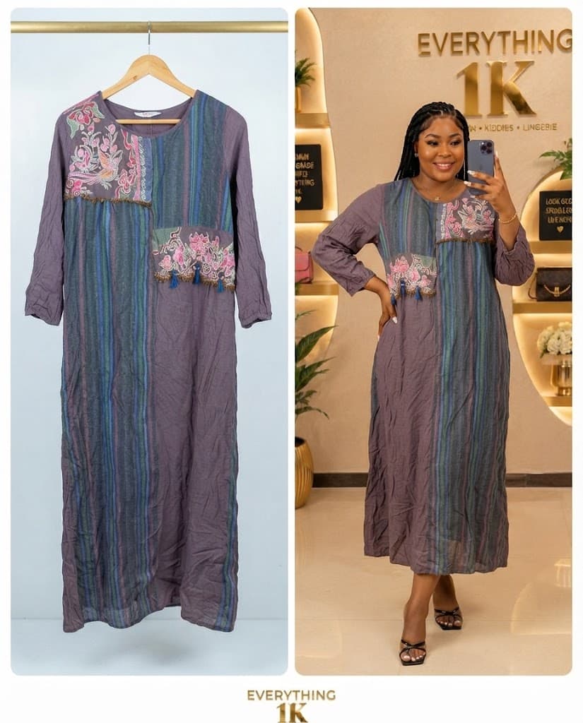 Muted Purple Striped Patchwork Long-Sleeve Dress