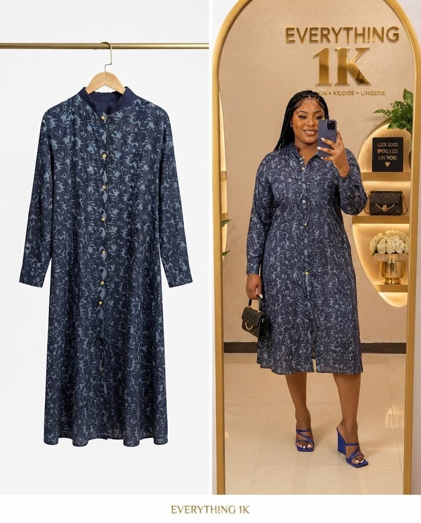 Blue Floral Print Button-Down Long-Sleeve Midi Dress