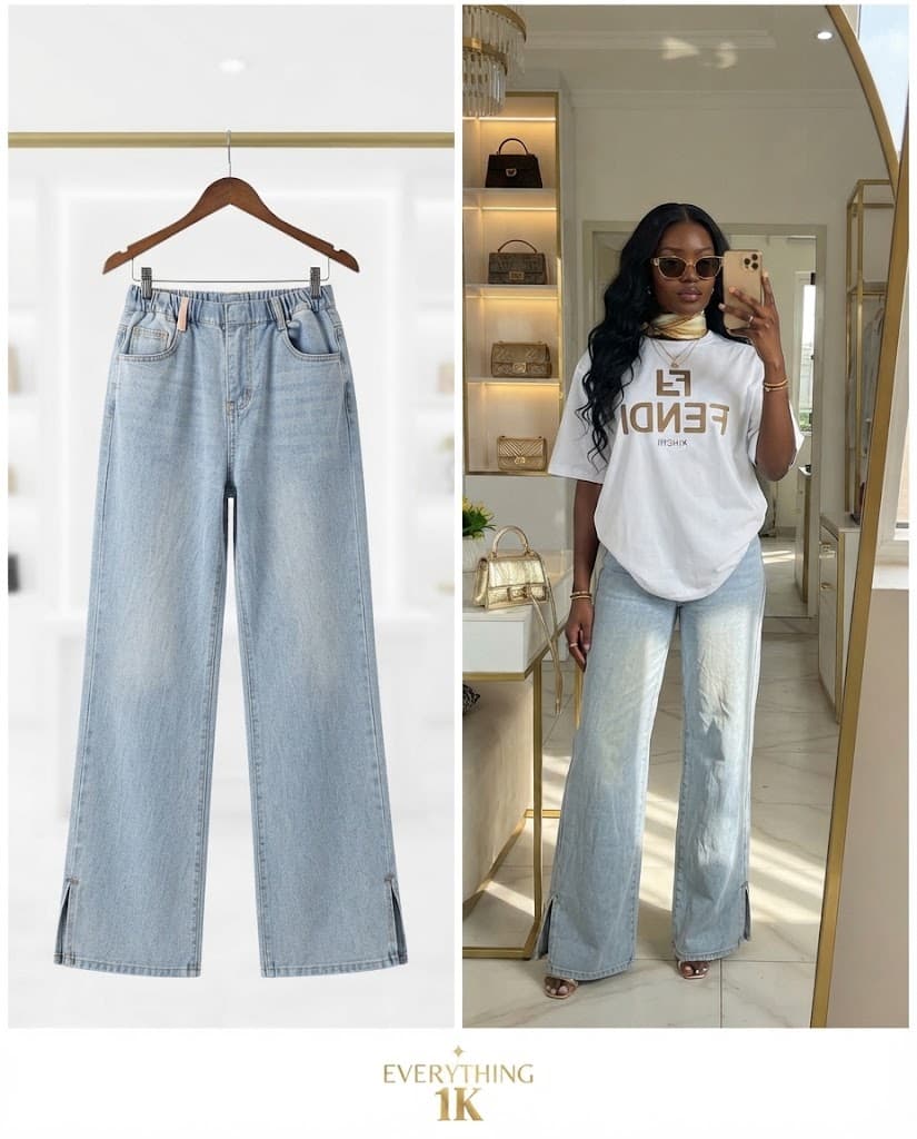 Light Blue Slit-Hem Denim Trousers waist 30/32