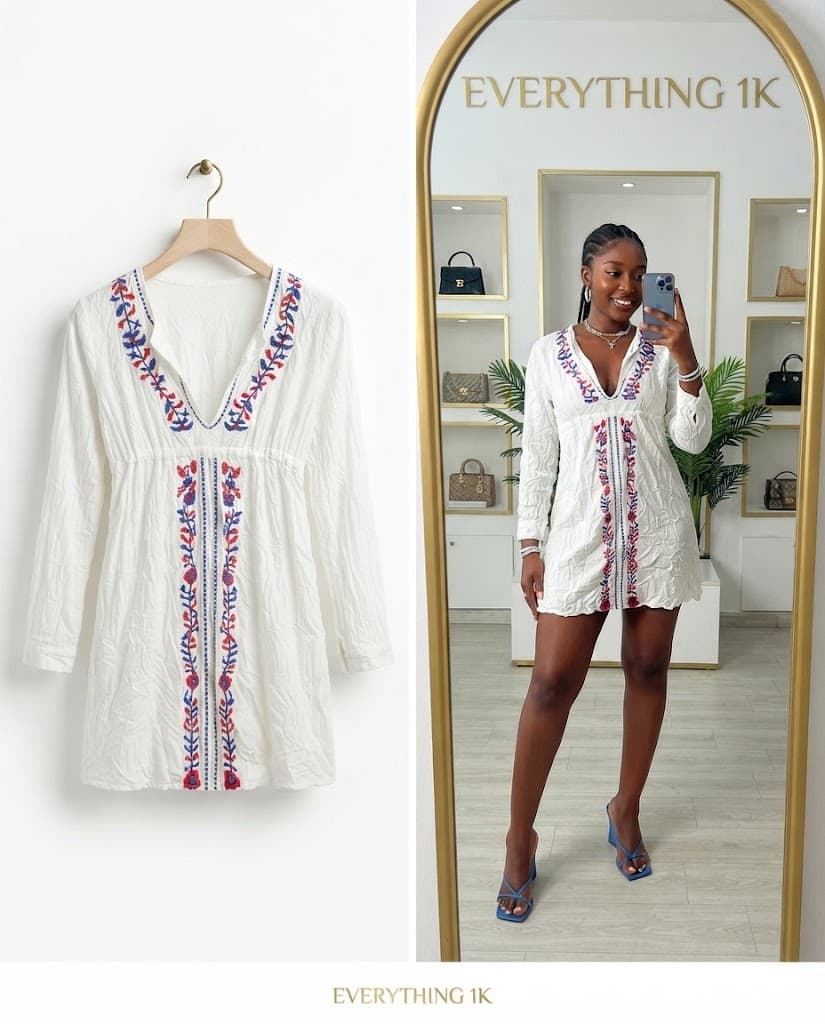White Long-Sleeve Embroidered V-Neck Mini Dress