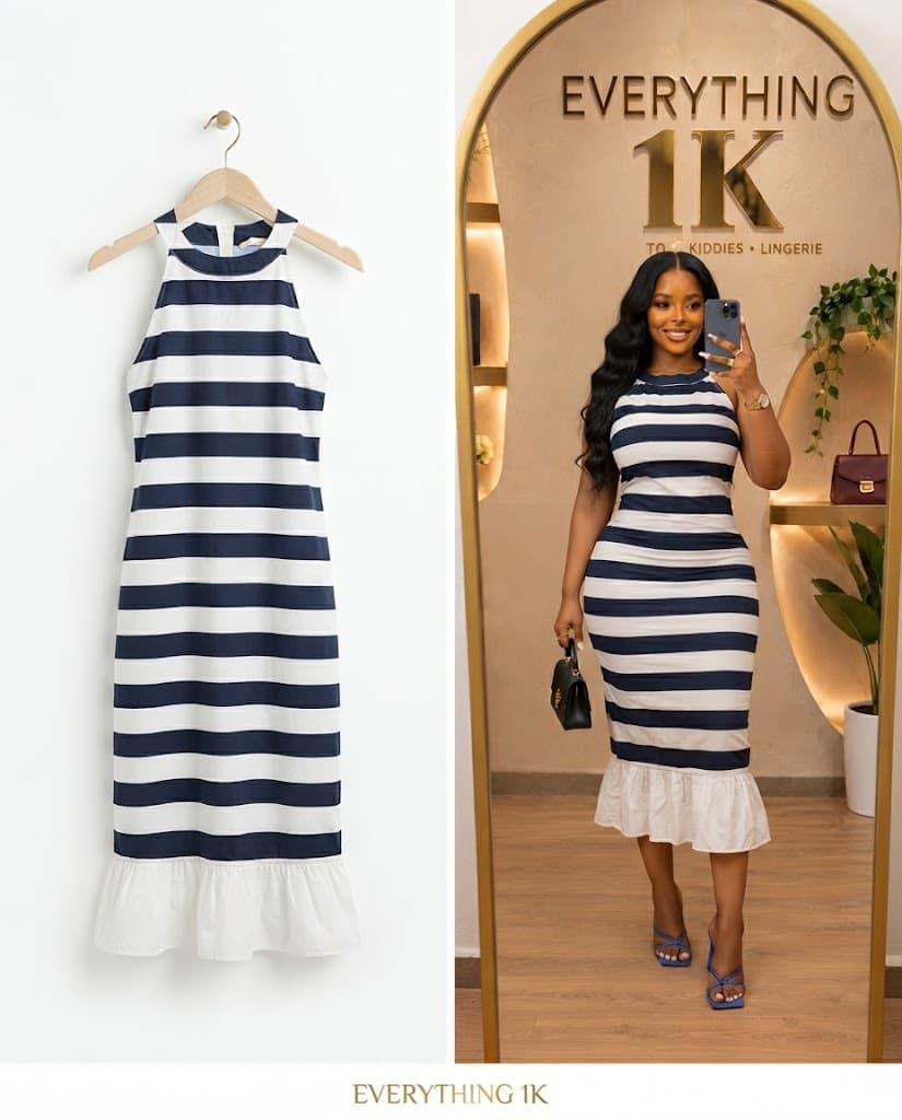 Navy Blue and White Striped Midi Dress with Ruffle Hem