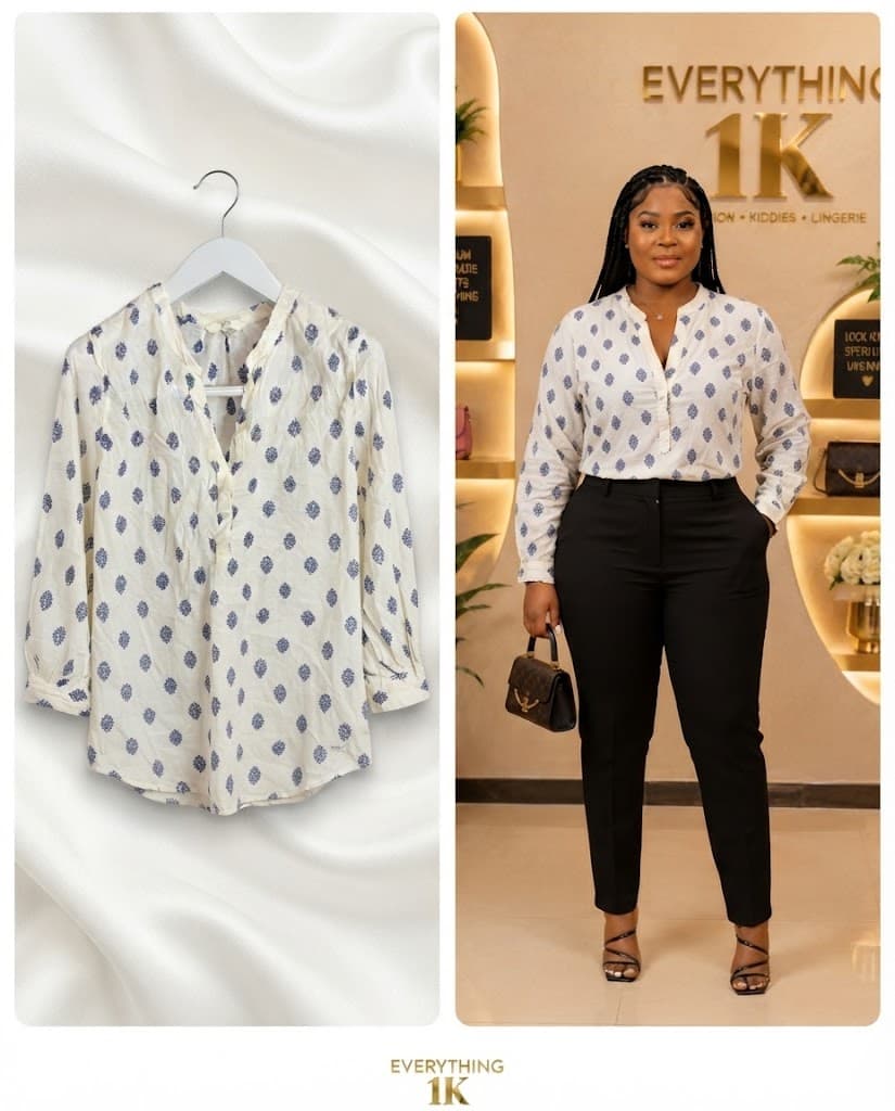 Casual White and Blue Polka dot V-Neck Blouse