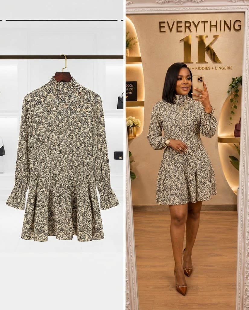 Neutral Floral Print High-Neck Mini Dress