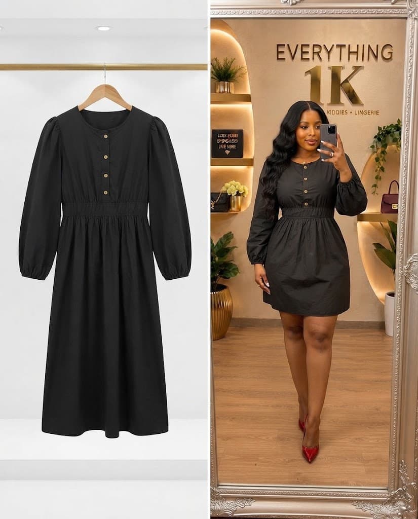 Black Long-Sleeve Corporate Button-Front Midi Dress