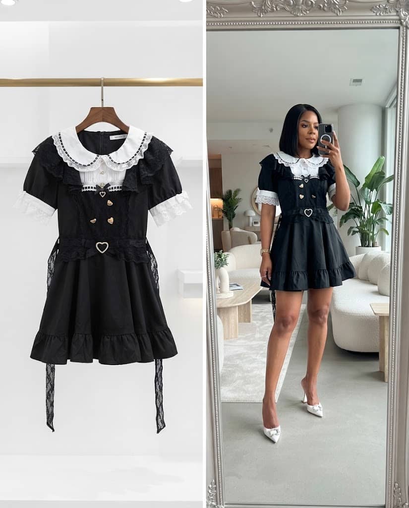 Black and White Lace-Trimmed Maid-Style Mini Dress