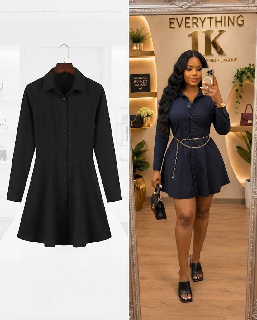 Black Long-Sleeve Button-Down Shirt Dress