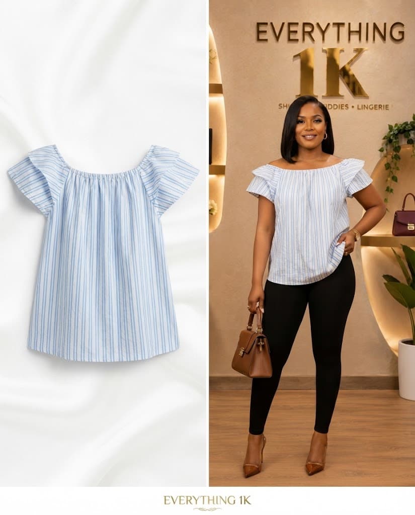 Casual Light Blue Striped Ruffle Off-the-Shoulder Top