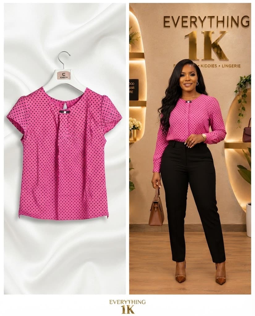Casual Hot Pink and Black Polka Dot Short-Sleeve Blouse