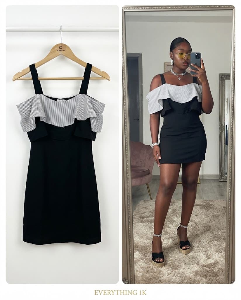 Black Off-the-Shoulder Dress with Striped Ruffle Overlay