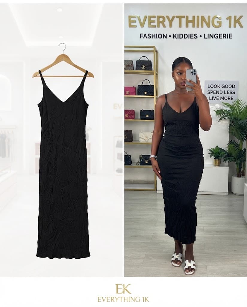 Textured Black V-Neck Midi Dress