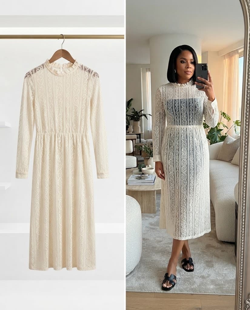 Cream Mock Neck Long-Sleeve Lace Midi Dress