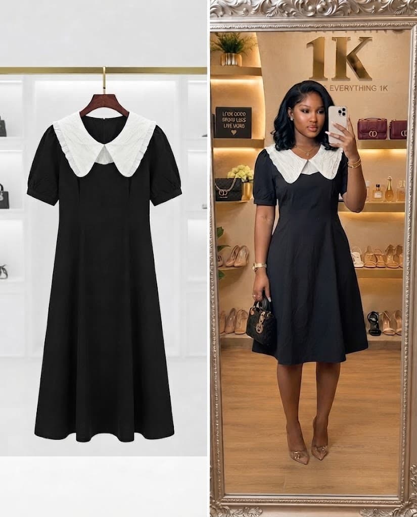 Black Corporate Midi Dress with chiffon cream Peter Pan Collar