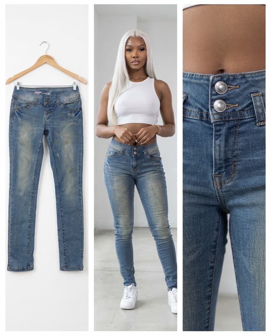 Double-Button Mid-Wash Skinny Jeans 29