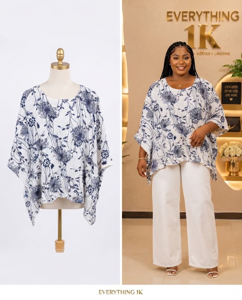White & Navy Blue Floral Casual Poncho Blouse