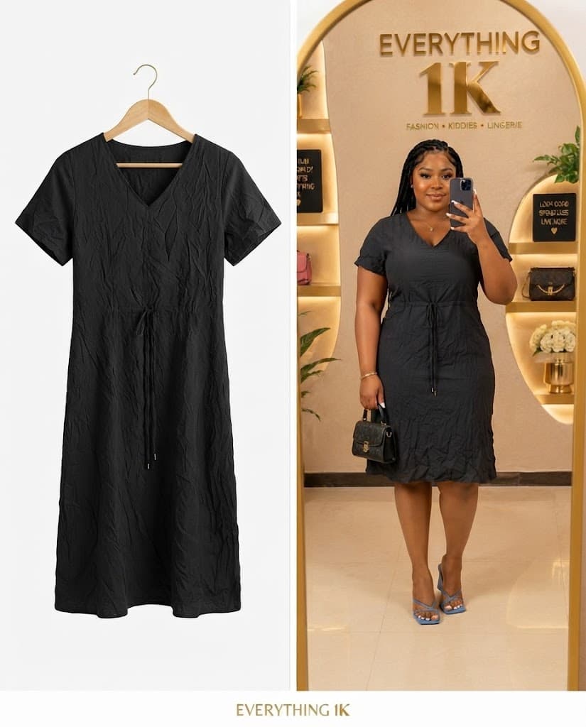 Black Crinkled Tie-Waist Midi Dress