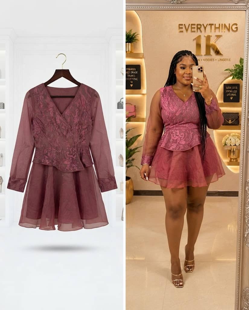Mauve Sheer Overlay Peplum Mini Dress
