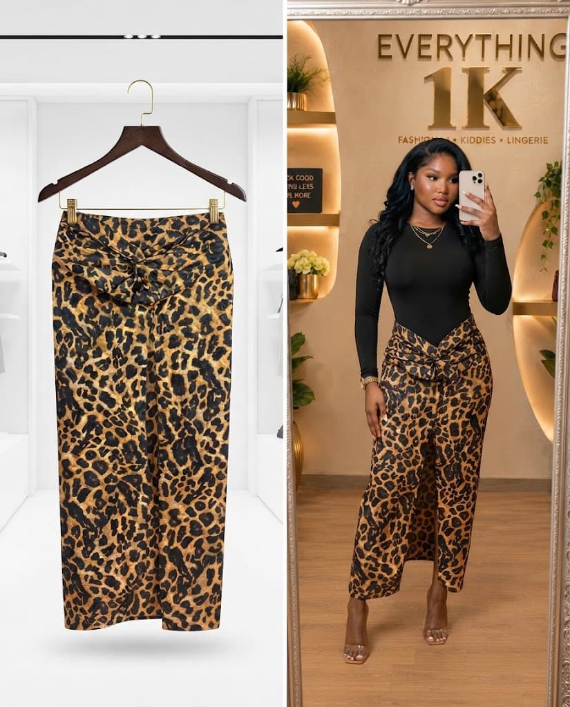 Leopard Print Knot-Front Midi Skirt
