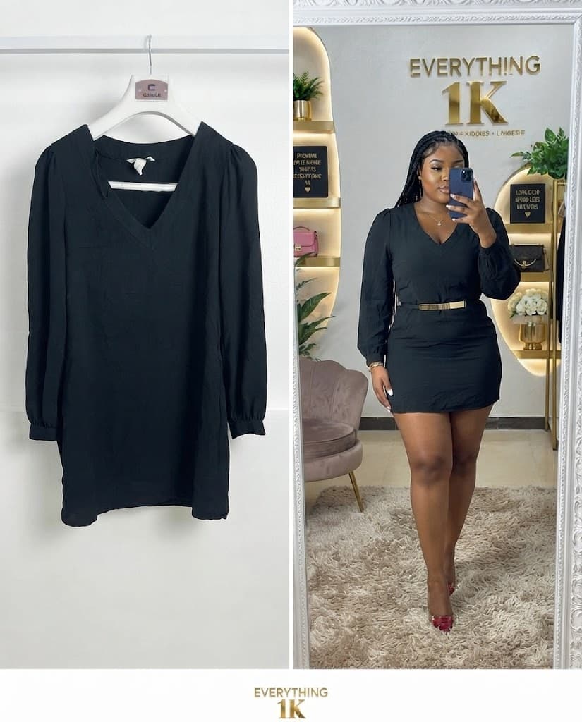 Black Long-Sleeve V-Neck Mini Dress