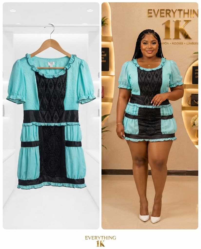 Turquoise & Black Beaded Ruffle Mini Dress