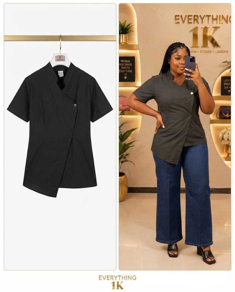 Corporate Dark Grey Asymmetric Short-Sleeve Wrap Blouse