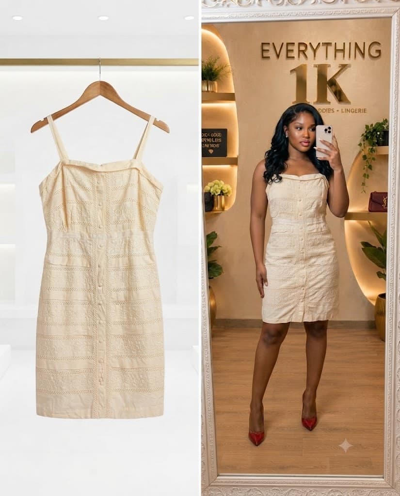 Cream Embroidered Button-Front Strap Party Dress