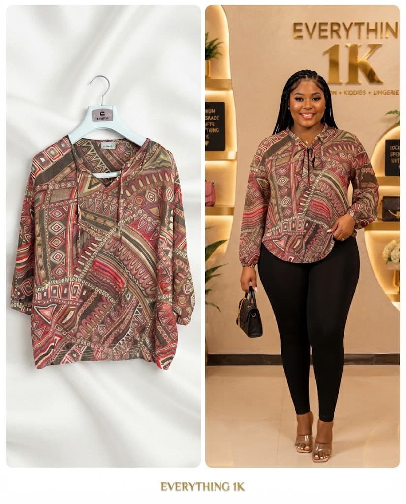 Casual Red and Brown Geometric Abstract Pattern Long-Sleeve Blouse