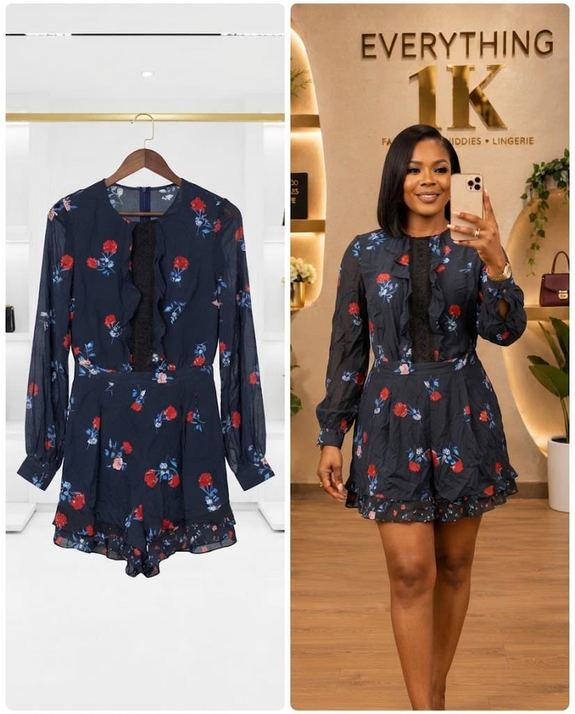 Navy Blue Floral Ruffle-Trim Romper