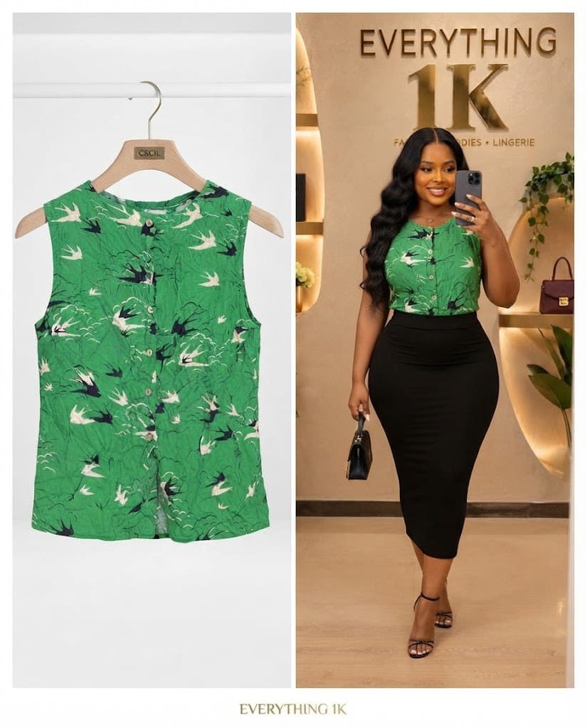 Green Corporate Bird-Print Blouse