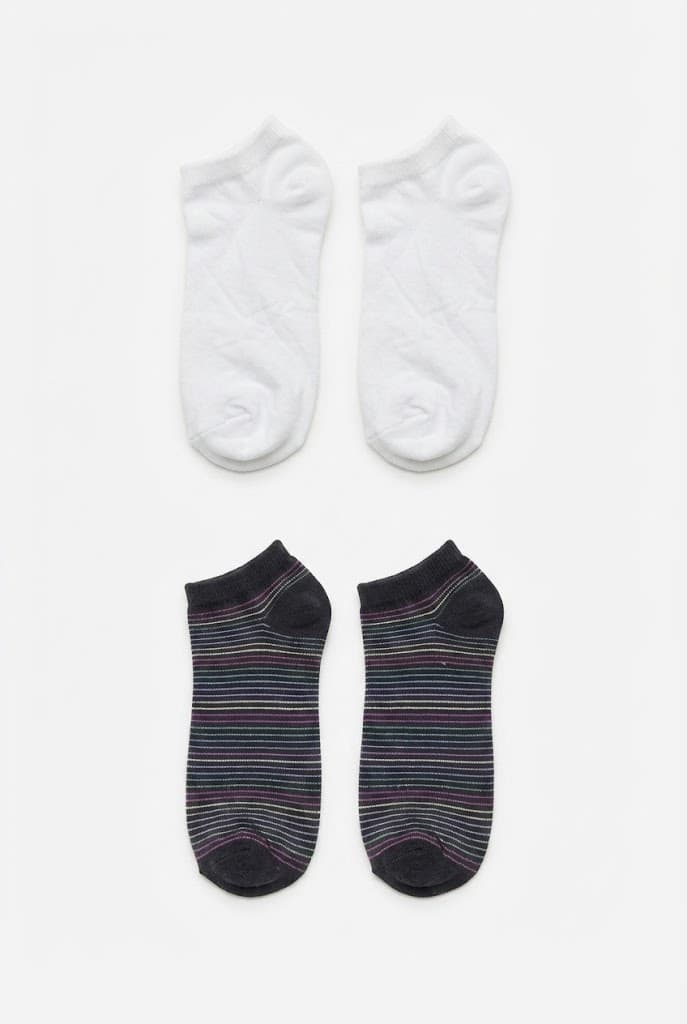 Solid White and Multi-Color Striped Ankle Socks (2-Pack)