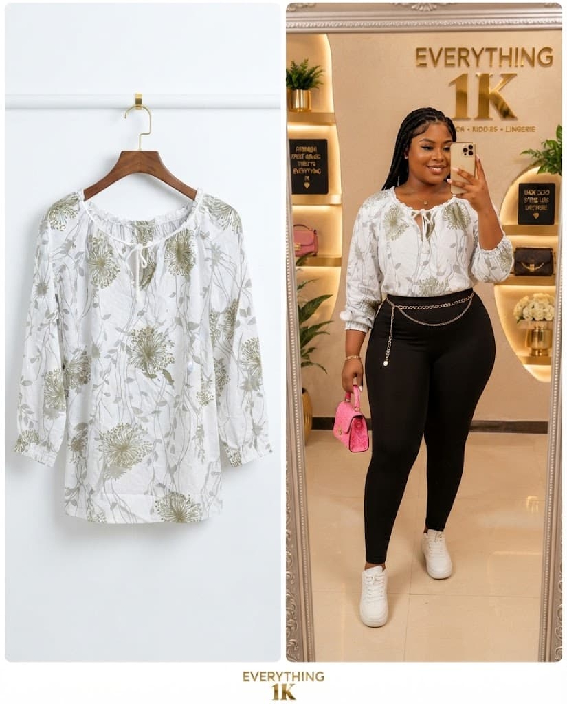 Casual White and Sage Floral Long-Sleeve TIE-NECK Blouse
