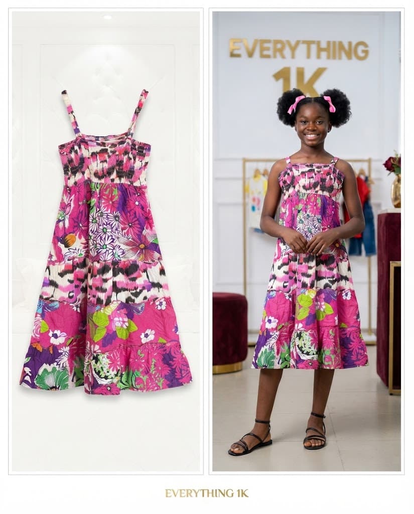 Girls Pink Floral Tiered Sleeveless Dress 7/9 Years