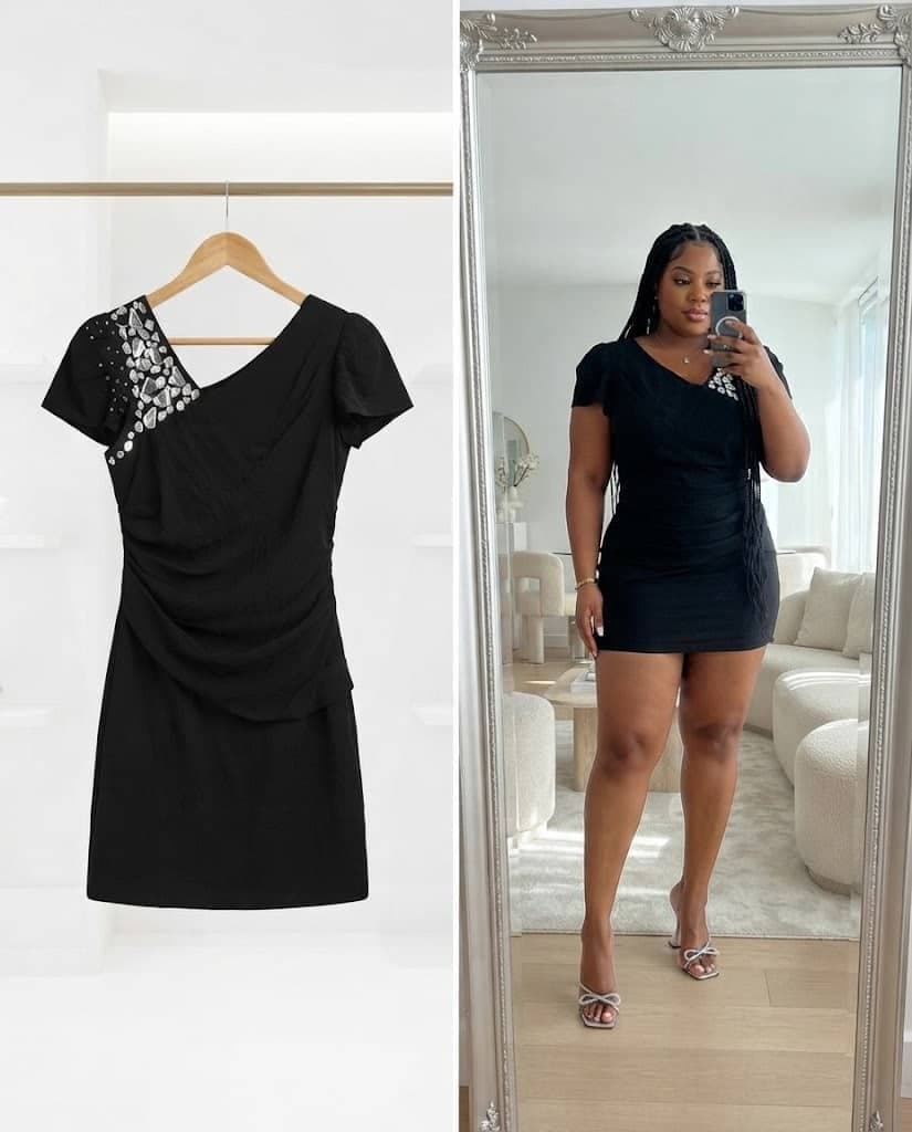 Black Crystal-Embellished Short-Sleeve Mini Dress