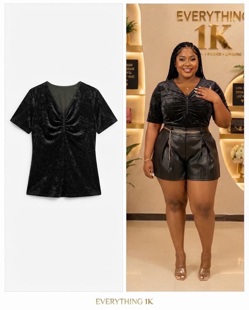 Black Velvet Ruched V-Neck Short-Sleeve Top