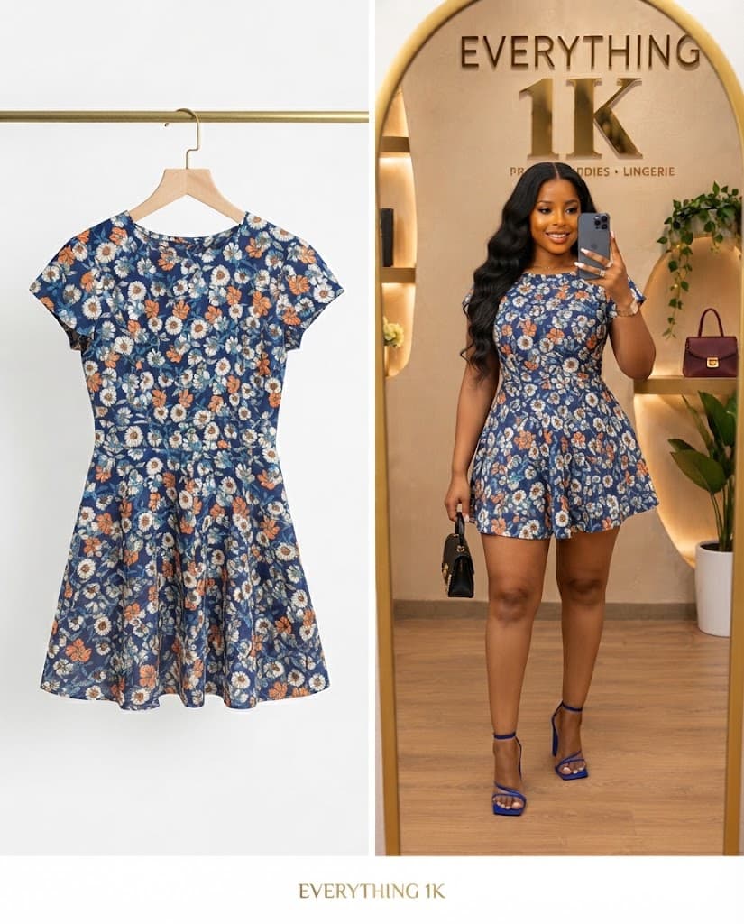 Navy Blue Daisy Floral Print Mini Dress