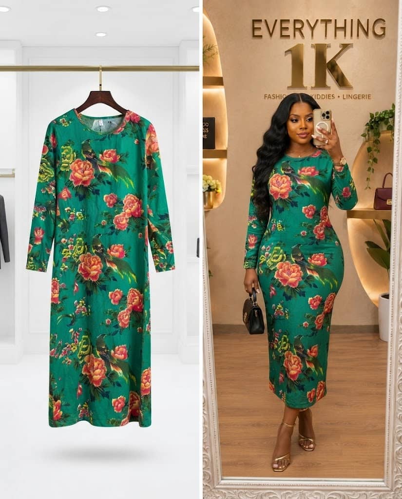 Emerald Green Floral and Bird Print Midi Dress