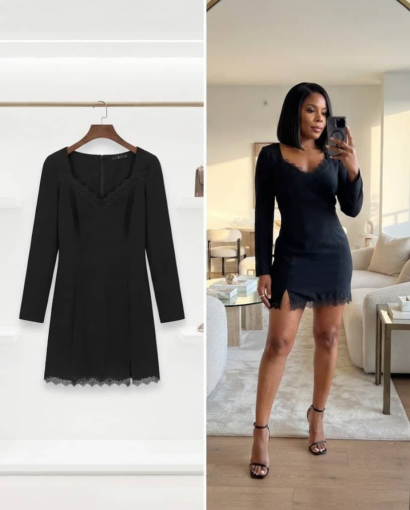 Black Long Sleeve V-Neck Mini Dress With Lace Trim