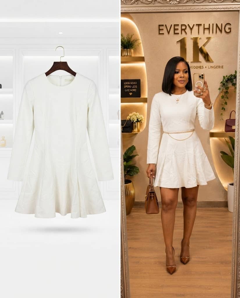 Long-Sleeve White Structured Flared Mini Dress