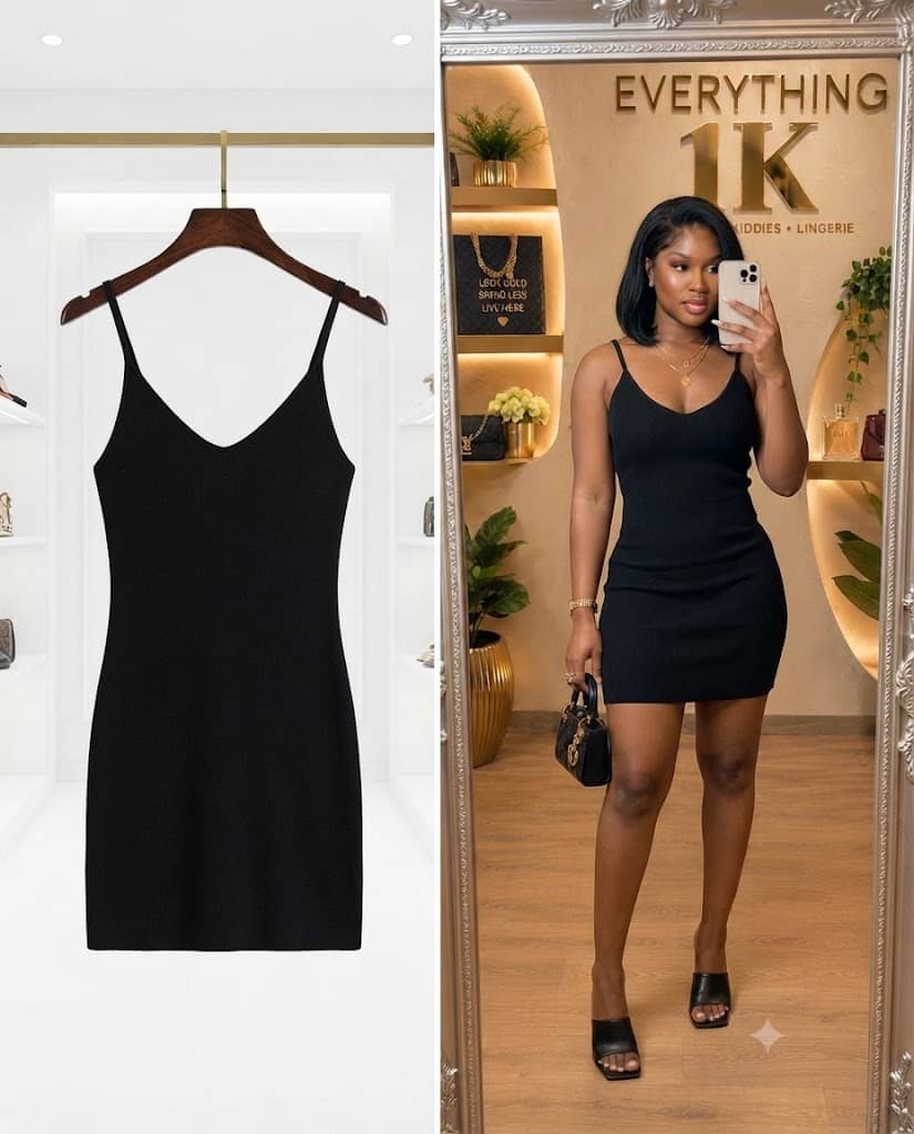 Black Ribbed Knit Spaghetti Strap Mini Dress