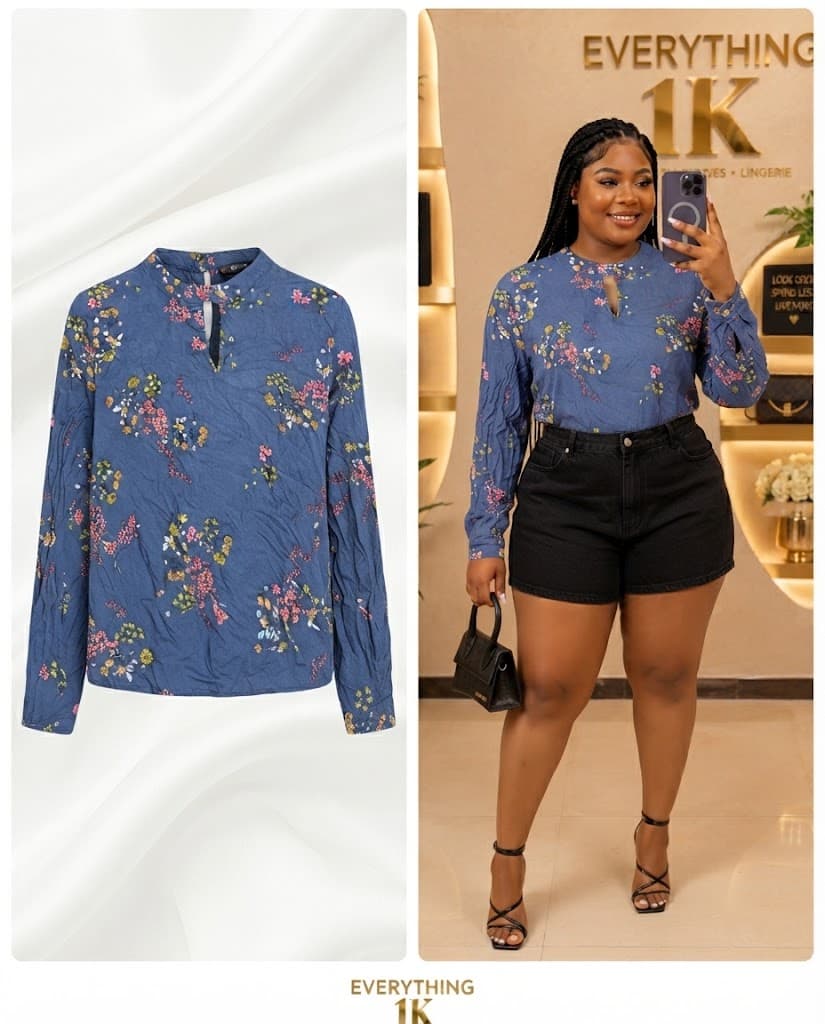 Casual stylish Blue Floral Long-Sleeve Blouse