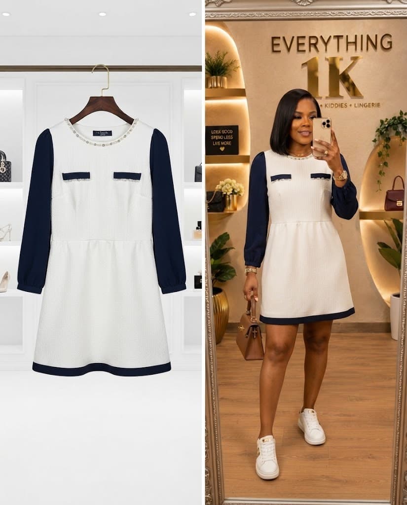 White and Navy Blue Contrast Long-Sleeve Mini Dress