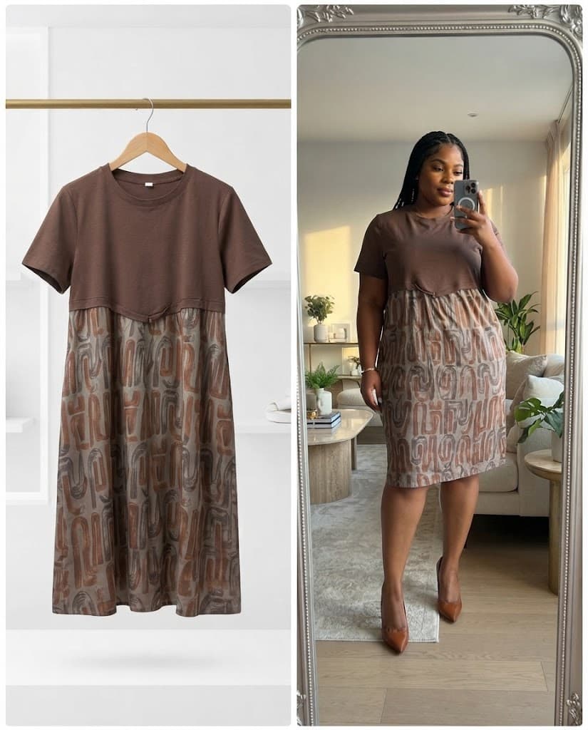 Brown Abstract Patterned T-Shirt Midi Dress